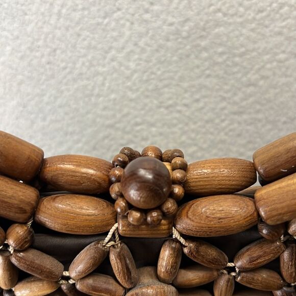 Vintage Wood Beaded Purse Handbag Lined MCM Hippie Floral Boho - Picture 3 of 9